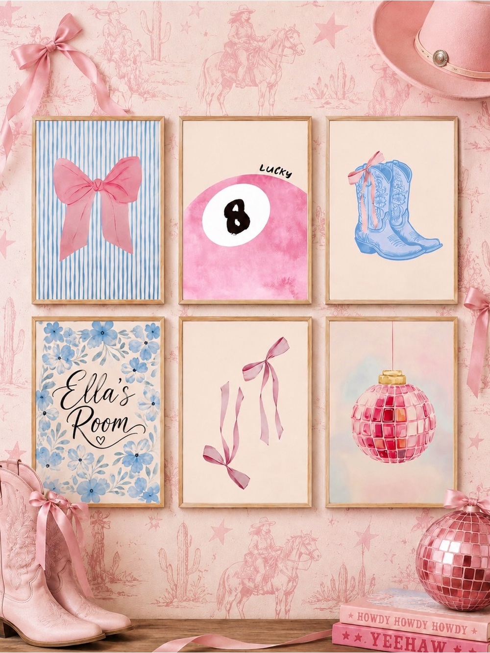 Set 6 Coquette Coastal Cowgirls™ Pink & Blue Western Gallery Wall Art CUSTOMIZED